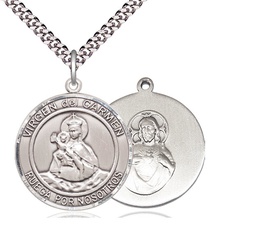 [7243RDSPSS/24S] Sterling Silver Virgen del Carmen Pendant on a 24 inch Light Rhodium Heavy Curb chain