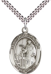 [7392SS/24S] Sterling Silver Saint Jacob of Nisibis Pendant on a 24 inch Light Rhodium Heavy Curb chain
