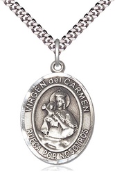 [7243SPSS/24S] Sterling Silver Virgen del Carmen Pendant on a 24 inch Light Rhodium Heavy Curb chain