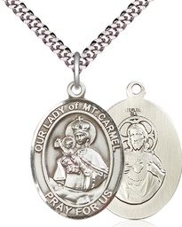 [7243SS/24S] Sterling Silver Our Lady of Mount Carmel Pendant on a 24 inch Light Rhodium Heavy Curb chain