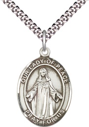 [7245SS/24S] Sterling Silver Our Lady of Peace Pendant on a 24 inch Light Rhodium Heavy Curb chain