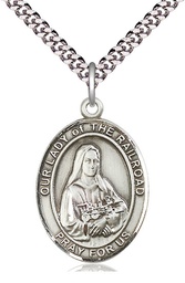 [7247SS/24S] Sterling Silver Our Lady of the Railroad Pendant on a 24 inch Light Rhodium Heavy Curb chain