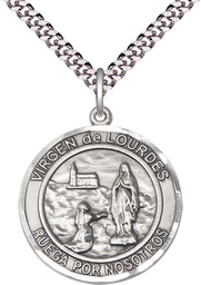[7288RDSPSS/24S] Sterling Silver Virgen de Lourdes Pendant on a 24 inch Light Rhodium Heavy Curb chain