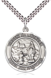 [7288RDSPSS/24S] Sterling Silver Virgen de Lourdes Pendant on a 24 inch Light Rhodium Heavy Curb chain