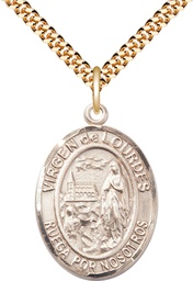 [7288SPGF/24G] 14kt Gold Filled Virgen de Lourdes Pendant on a 24 inch Gold Plate Heavy Curb chain