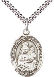 [7299SS/24S] Sterling Silver Our Lady of Prompt Succor Pendant on a 24 inch Light Rhodium Heavy Curb chain