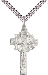 [0099SS/24S] Sterling Silver Crucifix-IHS Pendant on a 24 inch Light Rhodium Heavy Curb chain