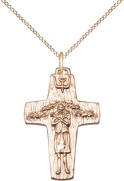 [0569GF/18GF] 14kt Gold Filled Papal Crucifix Pendant on a 18 inch Gold Filled Light Curb chain