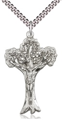 [0633SS/24S] Sterling Silver Tree of Life Crucifix Pendant on a 24 inch Light Rhodium Heavy Curb chain