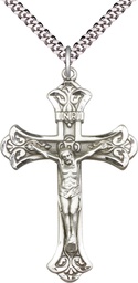 [0642SS/24S] Sterling Silver Crucifix Pendant on a 24 inch Light Rhodium Heavy Curb chain