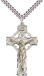 [2440GF/SS/24S] Two-Tone GF/SS Celtic Crucifix Pendant on a 24 inch Light Rhodium Heavy Curb chain