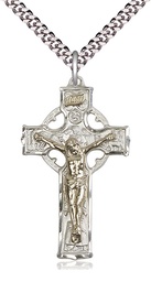 [2440GF/SS/24S] Two-Tone GF/SS Celtic Crucifix Pendant on a 24 inch Light Rhodium Heavy Curb chain