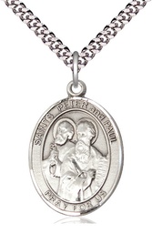 [7410SS/24S] Sterling Silver Saint Peter St Paul Pendant on a 24 inch Light Rhodium Heavy Curb chain