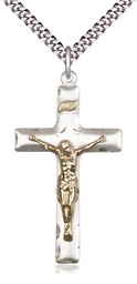[2644GF/SS/24S] Two-Tone GF/SS Crucifix Pendant on a 24 inch Light Rhodium Heavy Curb chain