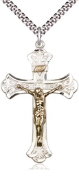 [2642GF/SS/24S] Two-Tone GF/SS Crucifix Pendant on a 24 inch Light Rhodium Heavy Curb chain