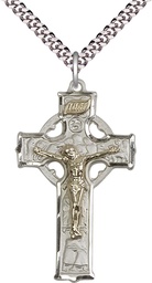 [2460GF/SS/24S] Two-Tone GF/SS Mens Celtic Crucifix Pendant on a 24 inch Light Rhodium Heavy Curb chain