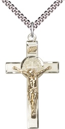 [2645GF/SS/24S] Two-Tone GF/SS Saint Benedict Crucifix Pendant on a 24 inch Light Rhodium Heavy Curb chain