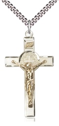 [2645GF/SS/24S] Two-Tone GF/SS Saint Benedict Crucifix Pendant on a 24 inch Light Rhodium Heavy Curb chain