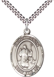 [7417SS/24S] Sterling Silver Saint Maron Pendant on a 24 inch Light Rhodium Heavy Curb chain