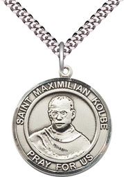[7073RDSS/24S] Sterling Silver Saint Maximilian Kolbe Pendant on a 24 inch Light Rhodium Heavy Curb chain