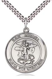 [7076RDSPSS/24S] Sterling Silver San Miguel Arcangel Pendant on a 24 inch Light Rhodium Heavy Curb chain