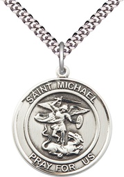 [7076RDSS/24S] Sterling Silver Saint Michael the Archangel Pendant on a 24 inch Light Rhodium Heavy Curb chain