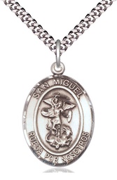 [7076SPSS/24S] Sterling Silver San Miguel Arcangel Pendant on a 24 inch Light Rhodium Heavy Curb chain