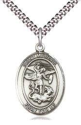 [7076SS/24S] Sterling Silver Saint Michael the Archangel Pendant on a 24 inch Light Rhodium Heavy Curb chain