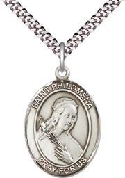 [7077SS/24S] Sterling Silver Saint Philomena Pendant on a 24 inch Light Rhodium Heavy Curb chain