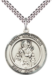 [7080RDSS/24S] Sterling Silver Saint Nicholas Pendant on a 24 inch Light Rhodium Heavy Curb chain