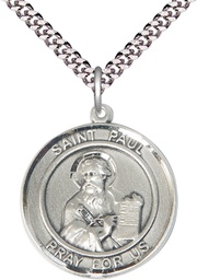 [7086RDSS/24S] Sterling Silver Saint Paul the Apostle Pendant on a 24 inch Light Rhodium Heavy Curb chain
