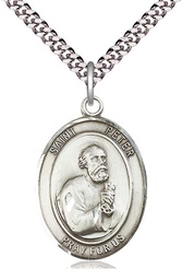 [7090SS/24S] Sterling Silver Saint Peter the Apostle Pendant on a 24 inch Light Rhodium Heavy Curb chain