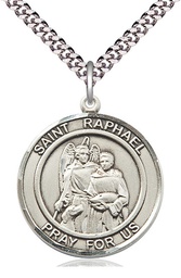 [7092RDSS/24S] Sterling Silver Saint Raphael the Archangel Pendant on a 24 inch Light Rhodium Heavy Curb chain