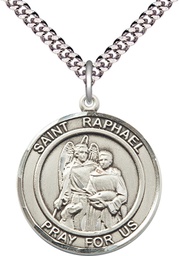 [7092RDSS/24S] Sterling Silver Saint Raphael the Archangel Pendant on a 24 inch Light Rhodium Heavy Curb chain