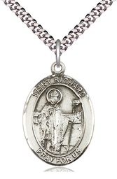 [7093SS/24S] Sterling Silver Saint Richard Pendant on a 24 inch Light Rhodium Heavy Curb chain