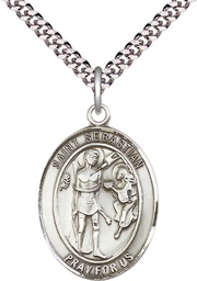 [7100SS/24S] Sterling Silver Saint Sebastian Pendant on a 24 inch Light Rhodium Heavy Curb chain