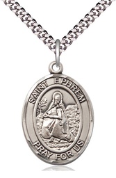 [7449SS/24S] Sterling Silver Saint Ephrem Pendant on a 24 inch Light Rhodium Heavy Curb chain