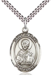 [7105SS/24S] Sterling Silver Saint Timothy Pendant on a 24 inch Light Rhodium Heavy Curb chain