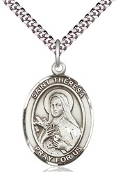 [7106SS/24S] Sterling Silver Saint Theresa Pendant on a 24 inch Light Rhodium Heavy Curb chain