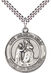 [7112RDSPSS/24S] Sterling Silver San Juan de Dios Pendant on a 24 inch Light Rhodium Heavy Curb chain