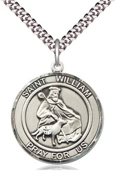[7114RDSS/24S] Sterling Silver Saint William of Rochester Pendant on a 24 inch Light Rhodium Heavy Curb chain