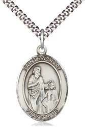 [7116SS/24S] Sterling Silver Saint Zachary Pendant on a 24 inch Light Rhodium Heavy Curb chain