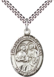 [7132SS/24S] Sterling Silver Saints Cosmas &amp; Damian Pendant on a 24 inch Light Rhodium Heavy Curb chain