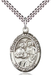 [7132SS/24S] Sterling Silver Saints Cosmas &amp; Damian Pendant on a 24 inch Light Rhodium Heavy Curb chain
