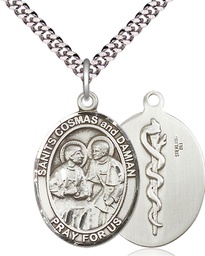 [7132SS8/24S] Sterling Silver Saints Cosmas &amp; Damian Doctors Pendant on a 24 inch Light Rhodium Heavy Curb chain