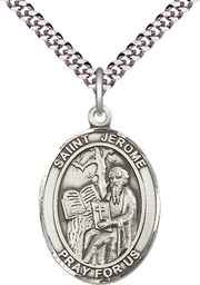 [7135SS/24S] Sterling Silver Saint Jerome Pendant on a 24 inch Light Rhodium Heavy Curb chain
