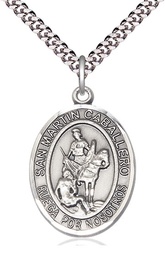[7200SPSS/24S] Sterling Silver San Martin Caballero Pendant on a 24 inch Light Rhodium Heavy Curb chain