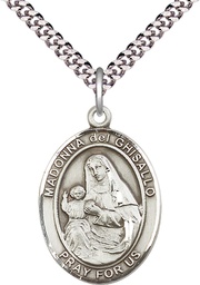 [7203SS/24S] Sterling Silver Saint Madonna Del Ghisallo Pendant on a 24 inch Light Rhodium Heavy Curb chain