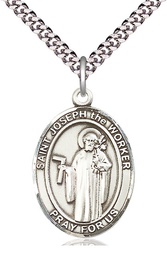 [7220SS/24S] Sterling Silver Saint Joseph the Worker Pendant on a 24 inch Light Rhodium Heavy Curb chain