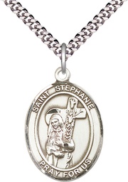 [7228SS/24S] Sterling Silver Saint Stephanie Pendant on a 24 inch Light Rhodium Heavy Curb chain